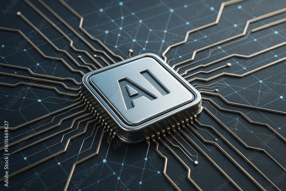 Poster metallic ai microchip integrated into futuristic circuit board on dark digital background, symbolizi