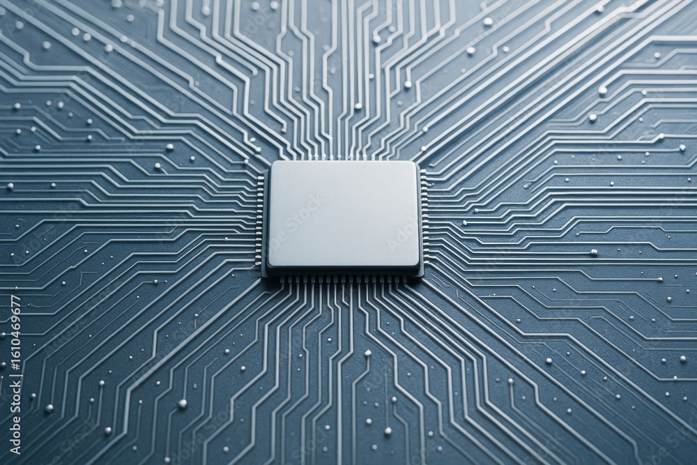 Poster central microchip on motherboard with connected circuit lines symbolizing tech innovation on dark ba