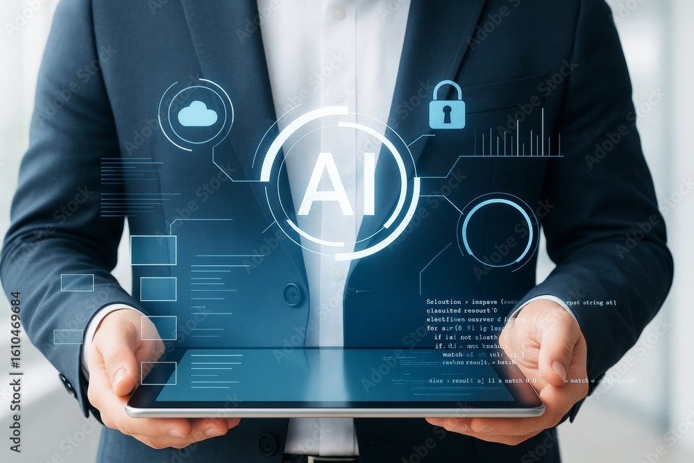 Aufkleber businessman holding tablet with glowing ai symbols and tech icons on abstract background representin