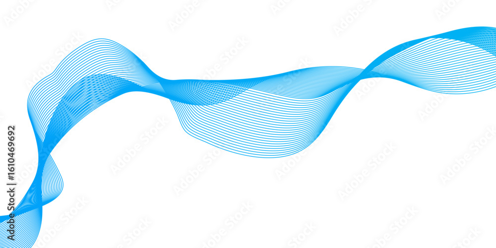 Poster abstract blue wavy lines on white background dynamic flowing, smooth curvy shape dots fluid array, s