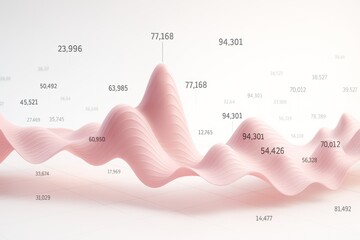 Abstract pink wave data visualization with numerical metrics on a light background illustrating modern technology and creative analytics concept.