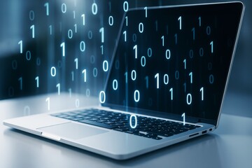 Laptop with binary code hologram floating in the air symbolizing digital data and modern technology concept on a futuristic background.
