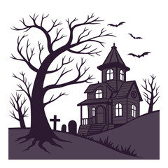 Haunted House at Night Silhouette with Dead Trees – Spooky Vector Illustration

