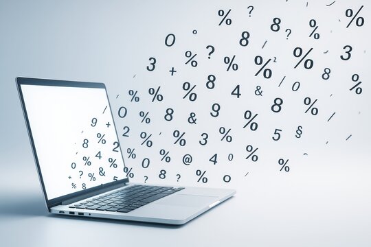 Laptop with floating numbers and symbols on light background symbolizing data flow and digital communication in modern tech environment.