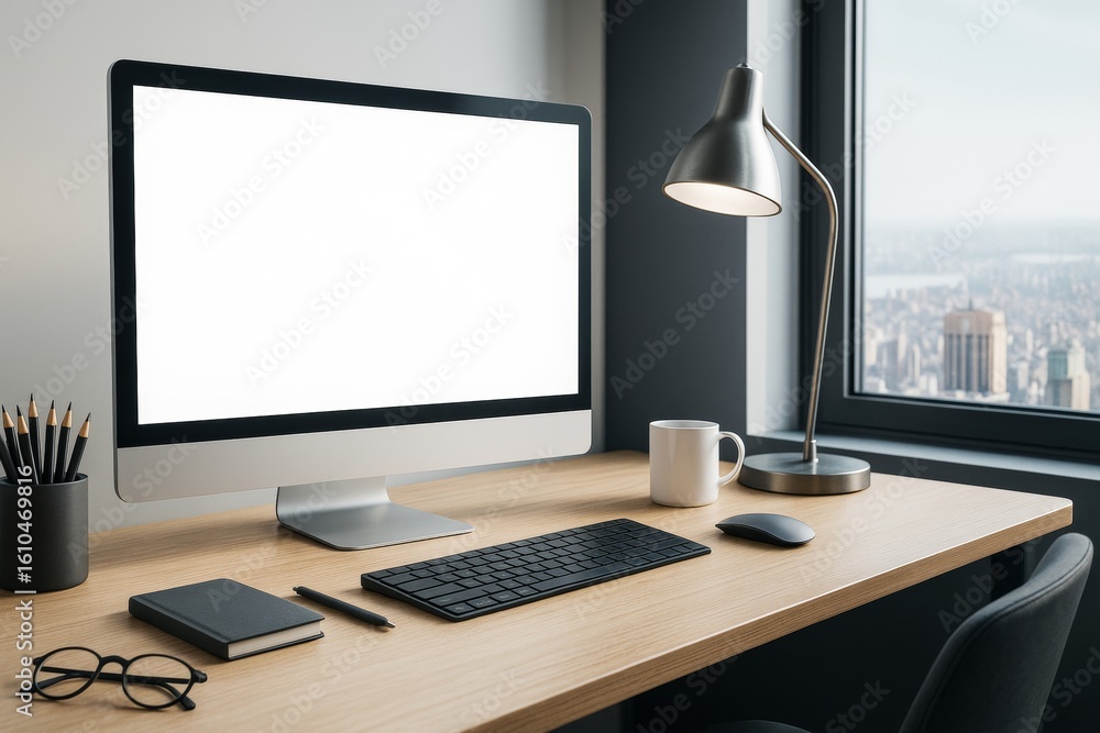 Poster modern desktop workspace with large computer screen, minimal accessories, and city view background b