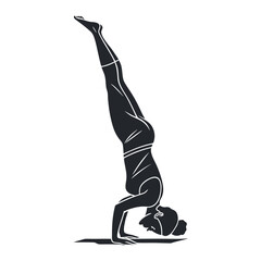 Black Silhouette of Person Doing Headstand Yoga Pose – Vector Illustration


