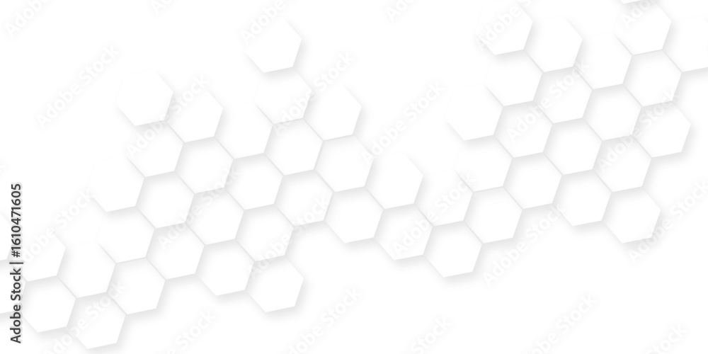 Poster featuring interlocking hexagons in shades of white with subtle variations, futuristic abstract honey