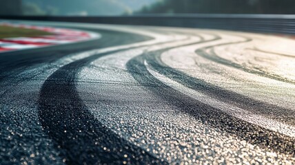 Fototapeta premium A close-up shot of an empty F1 track featuring distinct tire marks, showcasing the smooth asphalt surface reflecting sunlight in a serene environment.