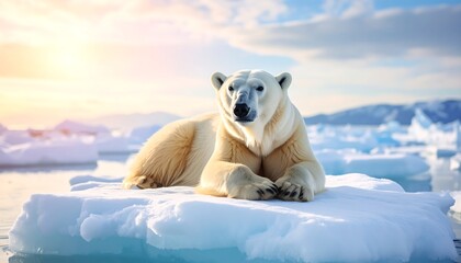 Majestic polar bear resting on an ice floe, sunlit arctic landscape