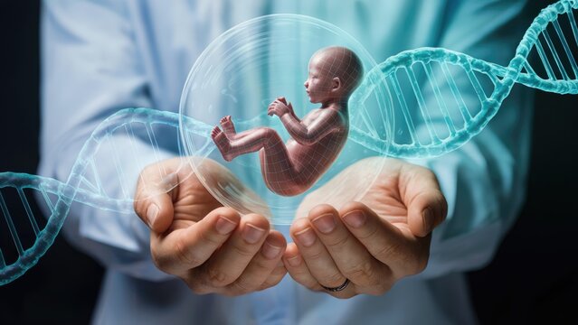 Scientist cradles digital fetus surrounded by glowing DNA helix, symbolizing future genetics