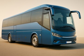 Modern blue passenger bus with sleek design parked on road at sunset under warm light against neutral background. Ai generative.