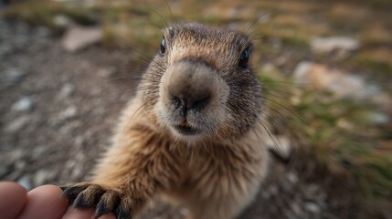 A curious marmot's close-up, its paw reaching for a human hand in nature.