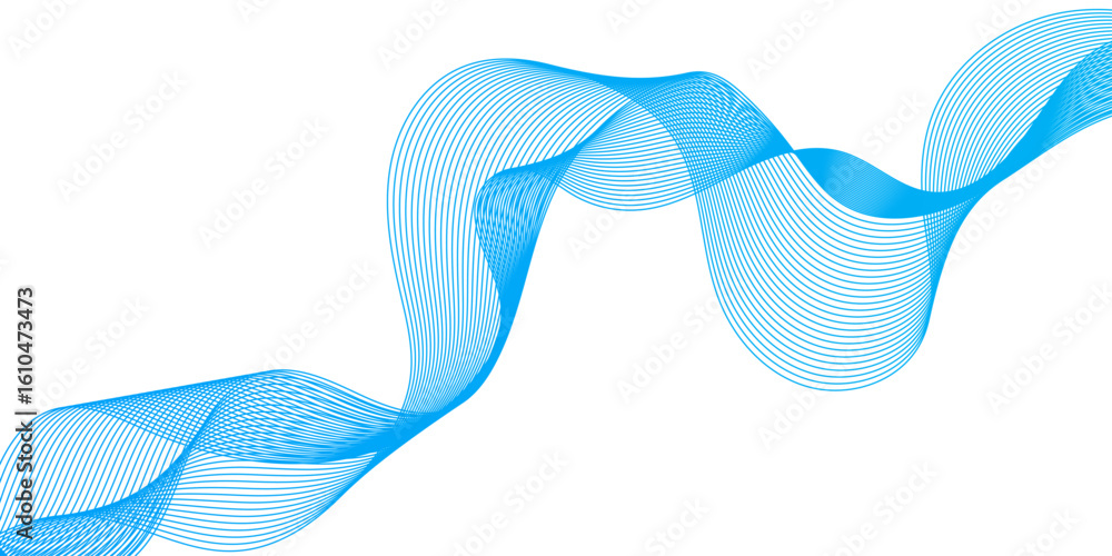 Poster abstract blue wavy lines on white background dynamic flowing, smooth curvy shape dots fluid array, s