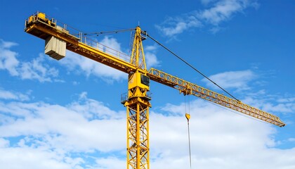 Yellow construction crane against a partly cloudy blue sky
