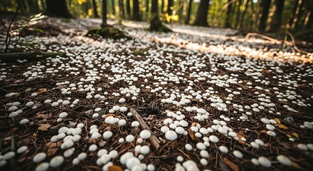 Tiny white mushrooms carpeting forest floor a magical natural woodland spectacle