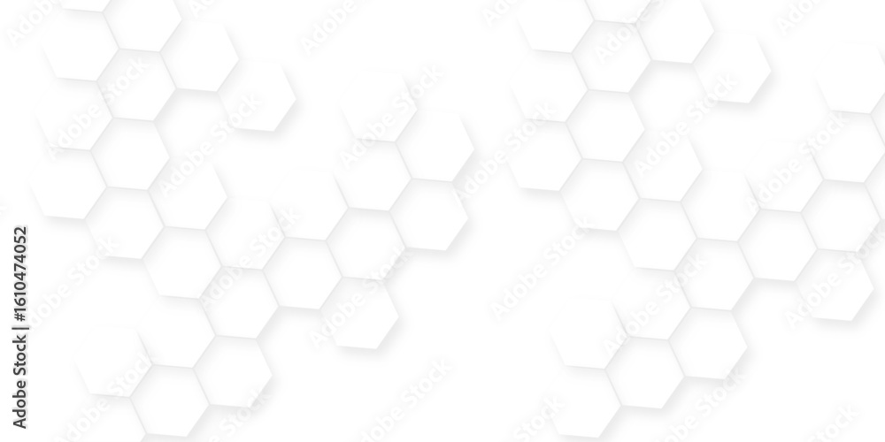 Poster white hexagonal shapes arranged in a honeycomb structure, abstract white hexagonal shapes on a light