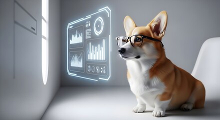 Adorable corgi wearing glasses looks at futuristic holographic financial data charts