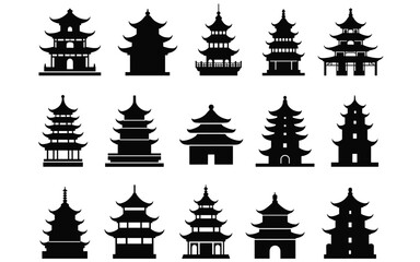 Pagoda Silhouette Grid &ndash; 16 Iconic Temple Vectors for Cultural, Spiritual & Architectural Projects