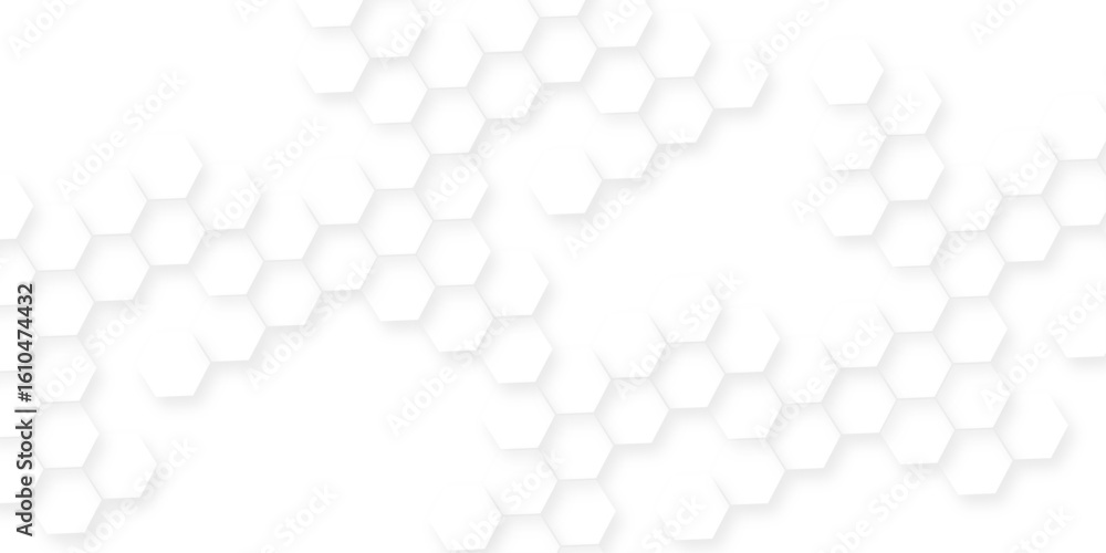 Poster white hexagonal shapes arranged in a honeycomb structure, abstract white hexagonal shapes on a light