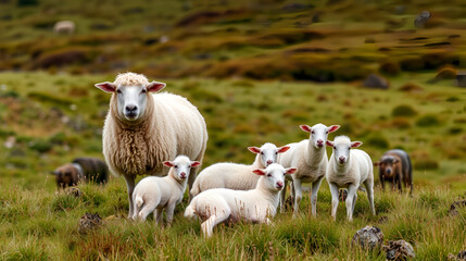 Naklejka premium Sheep and lambs in the grasslands, Scotland