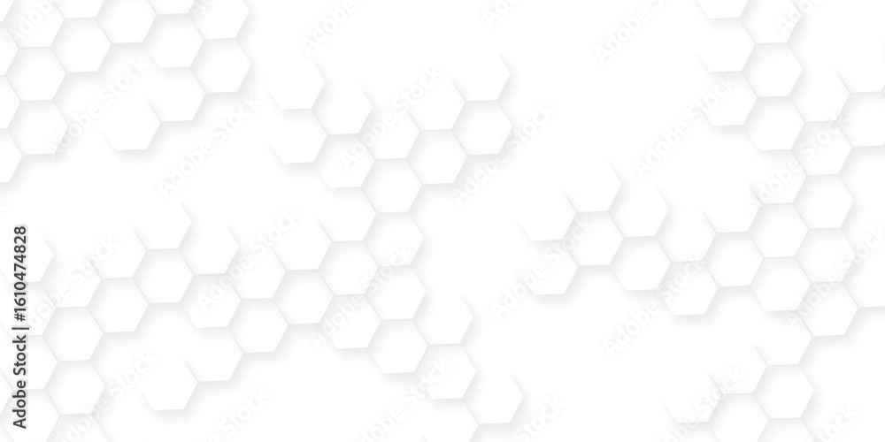 Poster white hexagonal shapes arranged in a honeycomb structure, abstract white hexagonal shapes on a light