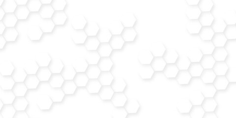 White hexagonal shapes arranged in a honeycomb structure, Abstract white hexagonal shapes on a light grey background.