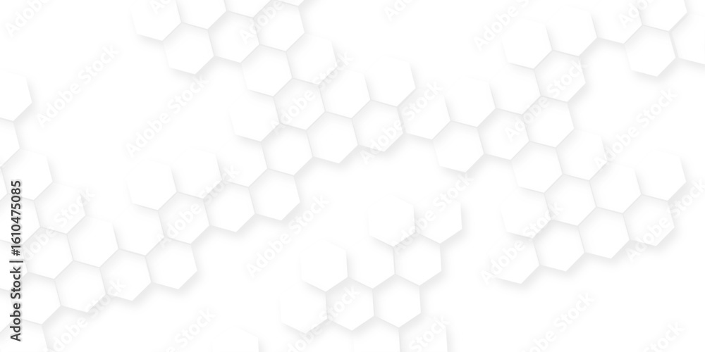 Poster white hexagonal shapes arranged in a honeycomb structure, abstract white hexagonal shapes on a light