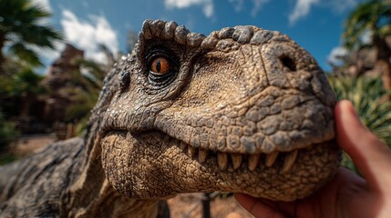 Detailed dinosaur model head, with orange eye, touched by a human hand.