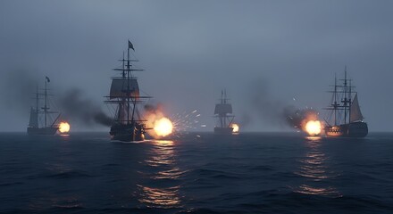 Epic Naval Battle Between Tall Ships Under a Misty Sky Showing Cannon Fire and Explosions on the Ocean