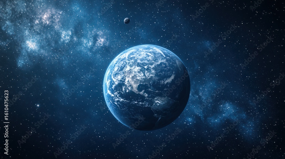 Poster stunning view of earth surrounded by stars and nebula in deep space with a distant moon in the backg