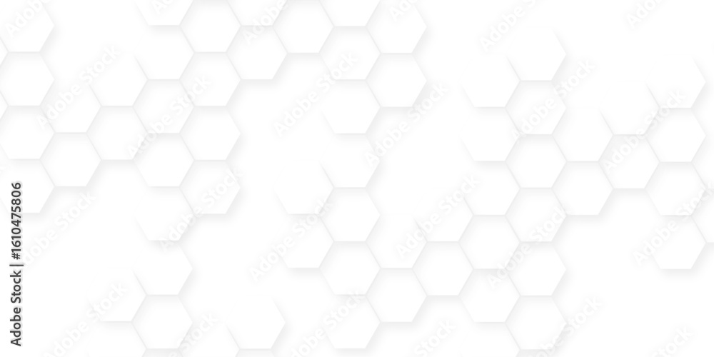 Poster featuring interlocking hexagons in shades of white with subtle variations, futuristic abstract honey