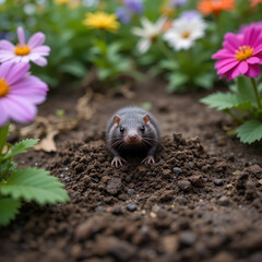A mole has emerged on the surface of the soil in a flower garden