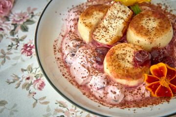 Delightful Dessert Plated with Artistic Presentation Featuring Creamy Confections, Fresh Fruits,...