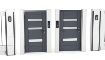 Two dark gray doors with integrated keypads and white wall sections are shown against a white background