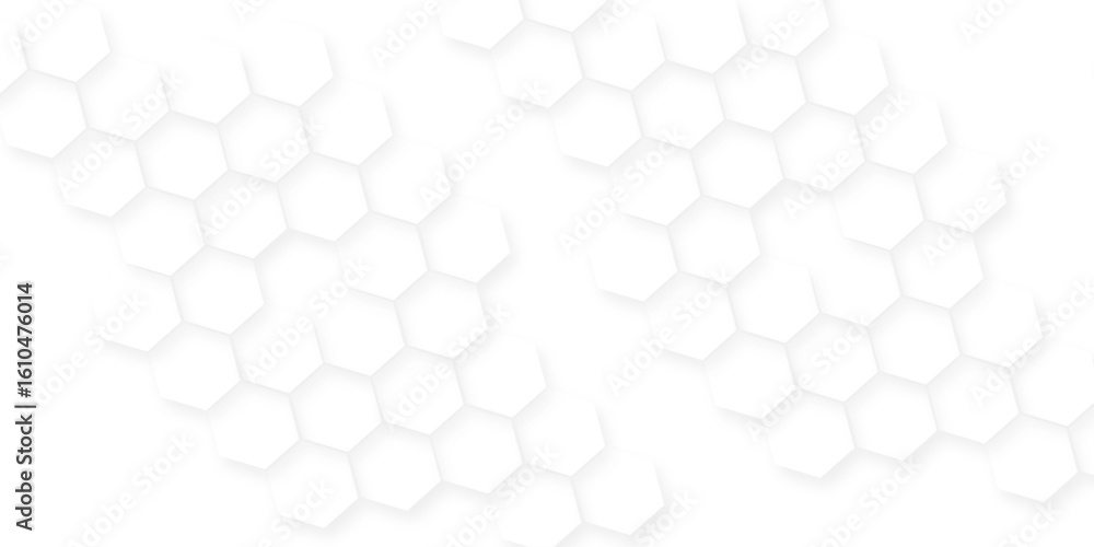 Poster featuring interlocking hexagons in shades of white with subtle variations, futuristic abstract honey