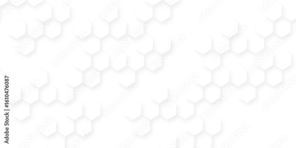 Poster featuring interlocking hexagons in shades of white with subtle variations, futuristic abstract honey
