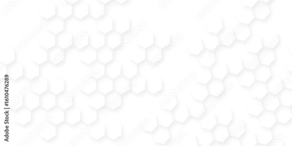 Poster featuring interlocking hexagons in shades of white with subtle variations, futuristic abstract honey