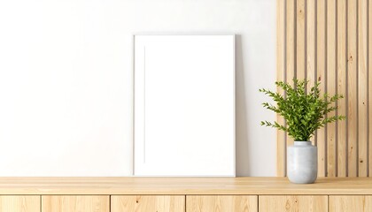Minimalist interior scene with a blank frame, light wood elements, and a small potted plant