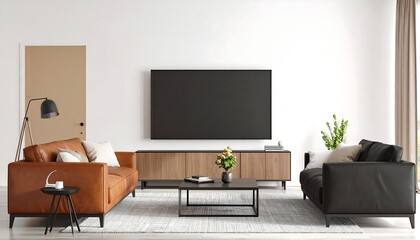 Minimalist living room with leather sofas, wood media console, and large TV