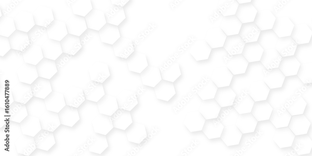 Poster a pattern of white hexagon shapes arranged subtle shadows that create a three-dimensional, layered e