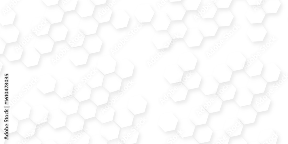 Poster a pattern of white hexagon shapes arranged subtle shadows that create a three-dimensional, layered e