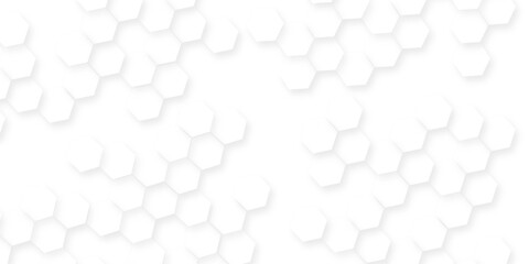 A pattern of white hexagon shapes arranged subtle shadows that create a three-dimensional, layered effect, the geometric repetition and depth of the hexagonal grid.