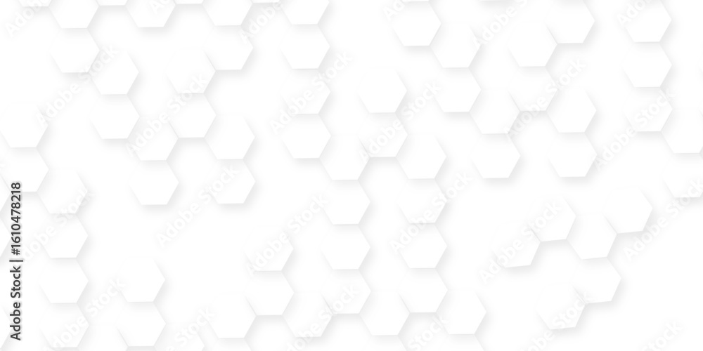 Poster a pattern of white hexagon shapes arranged subtle shadows that create a three-dimensional, layered e
