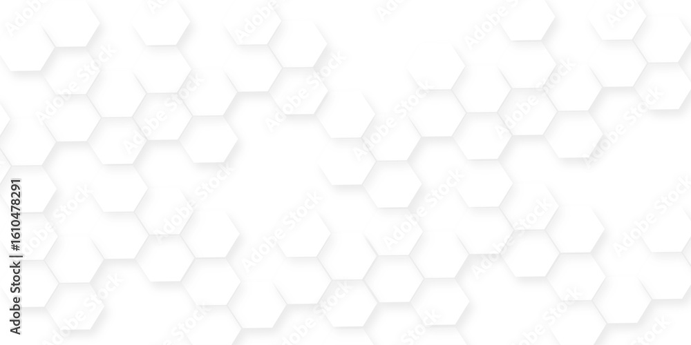 Poster a pattern of white hexagon shapes arranged subtle shadows that create a three-dimensional, layered e