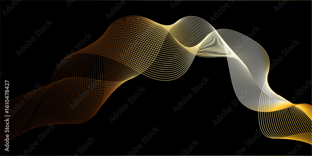 Poster showcasing a smooth colorful curves and dynamic motion in a black background, multiple parallel line