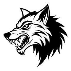 An angry wolf head with bared fangs, conveying aggression and power, isolated on white background
