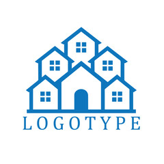 Symmetrical blue-and-white logo featuring a cluster of cozy houses arranged in a balanced neighborhood block—clean, minimalist, and community-focused.