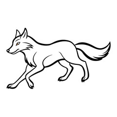 A black and white outline of a running fox isolated on white background