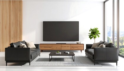 Modern living room with black sofas, a large TV, and city view