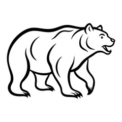 A black and white outline of a bear walking with its mouth open isolated on white background